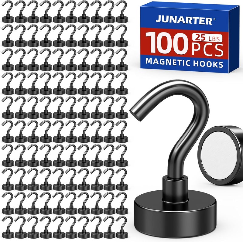 Junarter 100 Pack Magnetic Hooks, 25lbs Magnet Hooks for Cruise Cabins, Black Strong Magnetic Hooks Heavy Duty, Magnets with Hooks, Metal Magnetic Hook for Hanging, Hook Magnets for Home Decor - Image 1